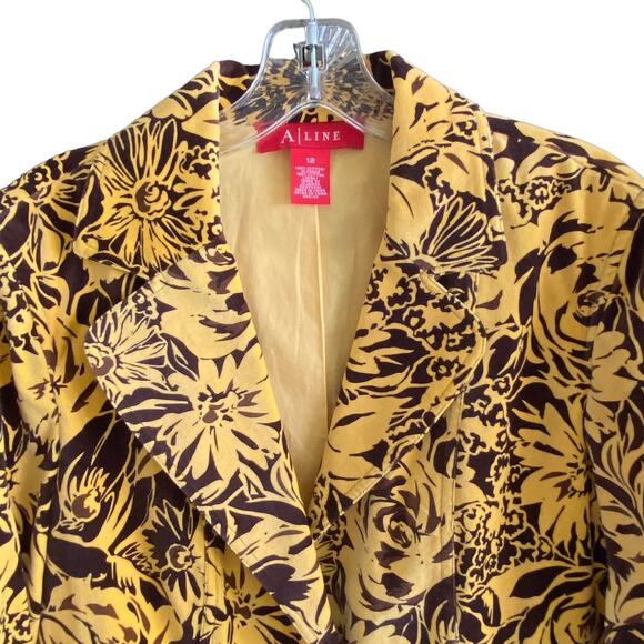 Boho Velvet Blazer Sz 12 Yellow & Brown Floral A-LINE Jacket Zip Front Pockets - Picture 11 of 13